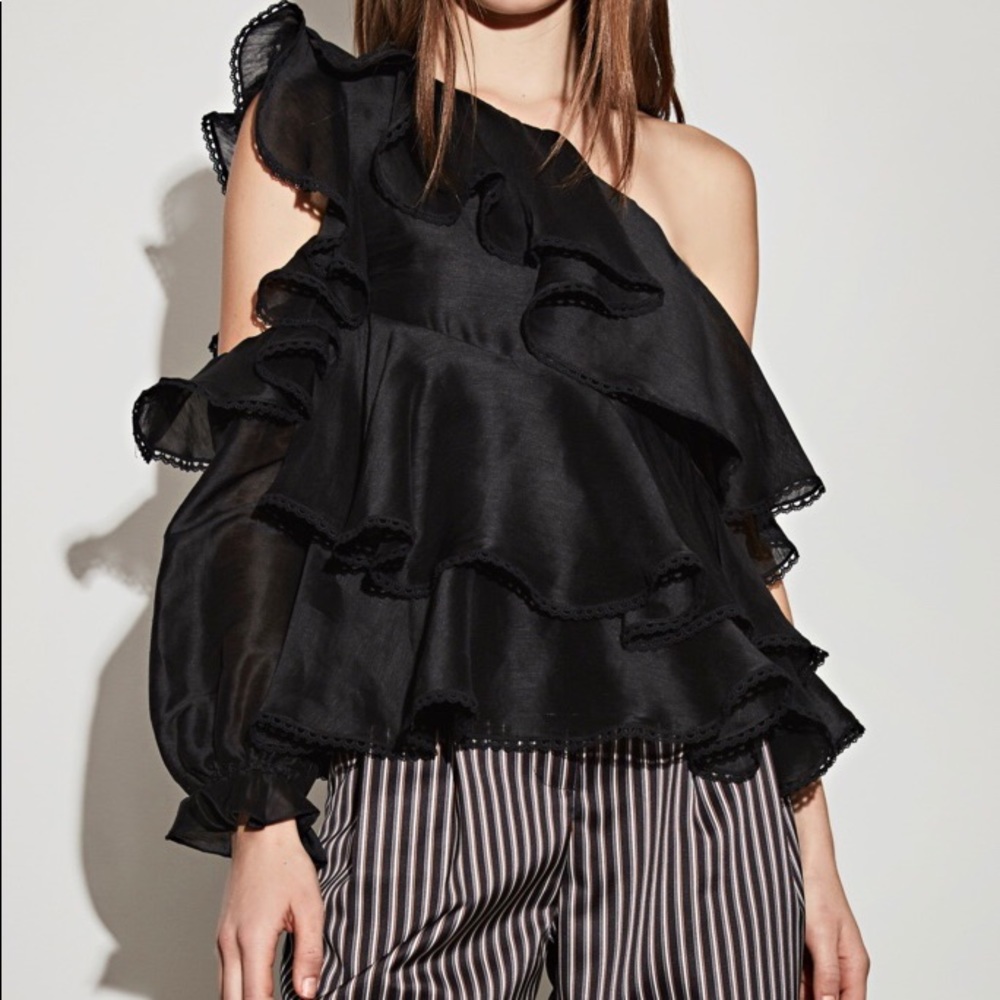 AMUR Black Asymmetrical Ruffle Blouse